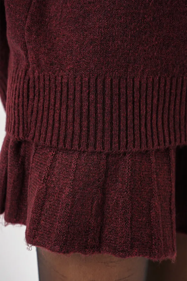 15891 Sweater Skirt Knitwear Two Piece Set - Claret Red