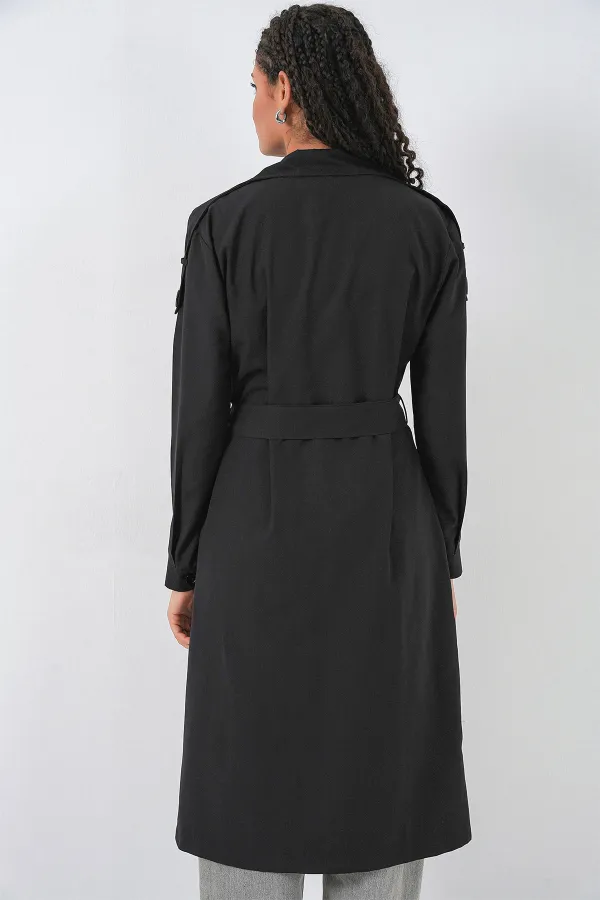 Kadın Kruvaze Yaka Trençkot 5978 - Siyah