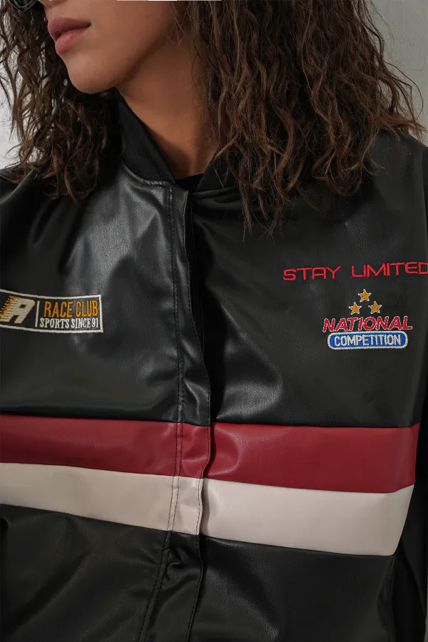 0698 Blouson aviateur en similicuir imprimé - Noir