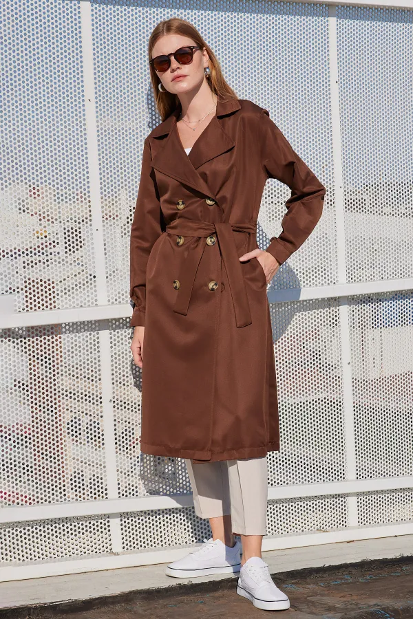 5853 Kruvaze Yaka Trençkot - Kahverengi