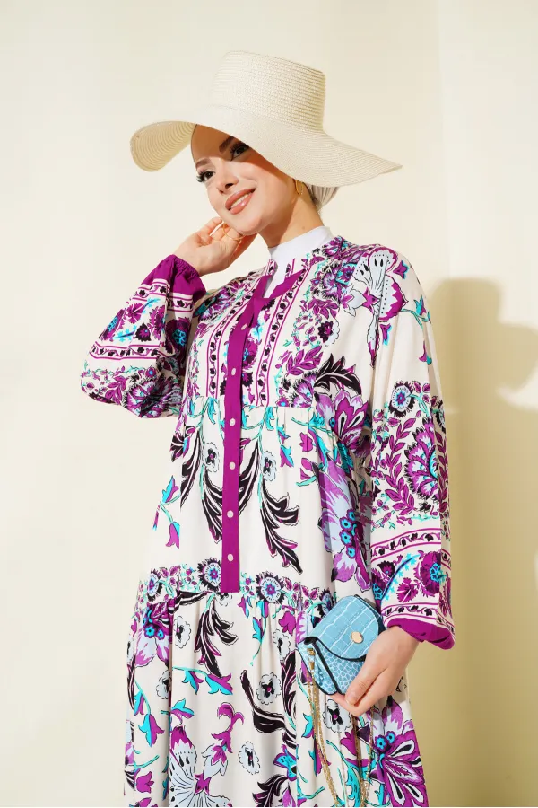 Robe hijab en viscose prune crème pour femme 2423