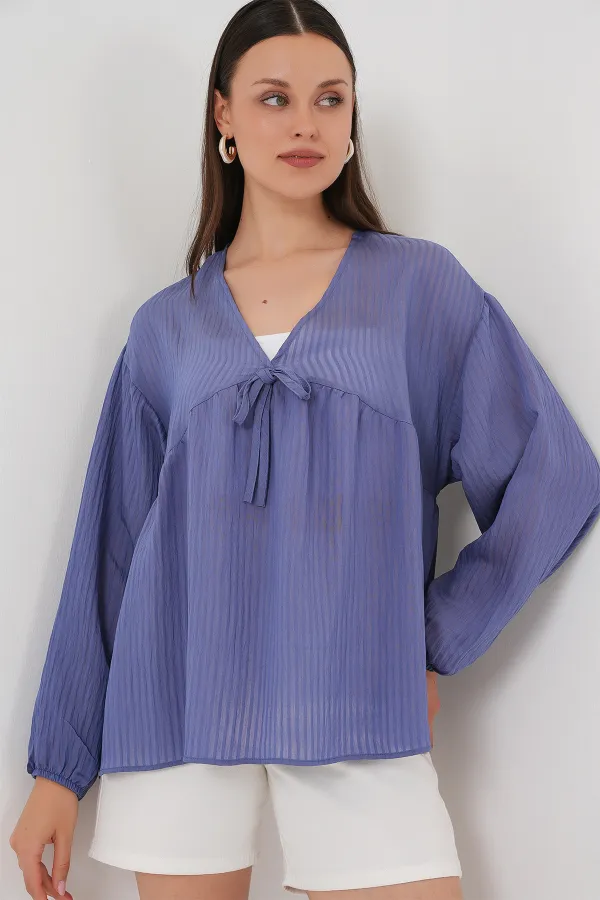 Kadın Önü Bağcıklı Uzun Kol Bluz 946 - İndigo