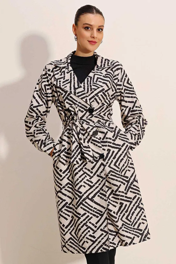5853 Patterned Double-Breasted Trench Coat - C.White
