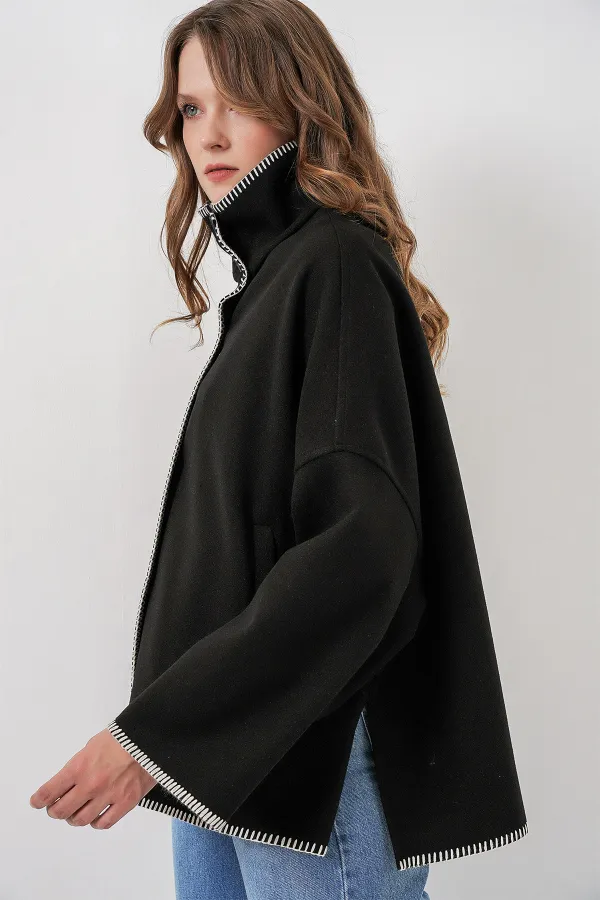 Kadın Nakışlı Kaşe Ceket 9167 - Siyah