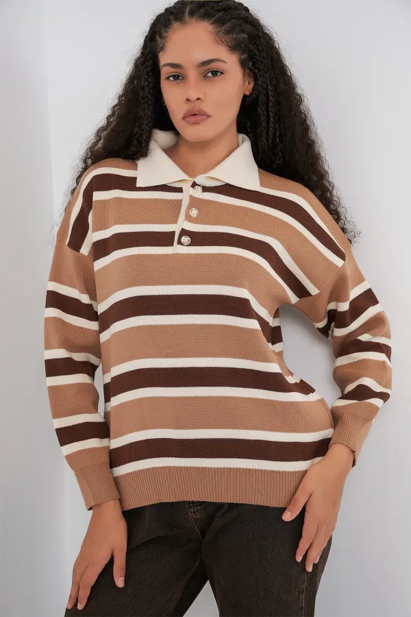 Women's Striped Polo Neck Knitwear Sweater 15952 - Mink