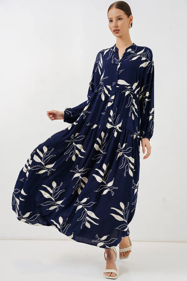 Kadın Desenli Uzun Tesettür Elbise 2585 - D.Lacivert