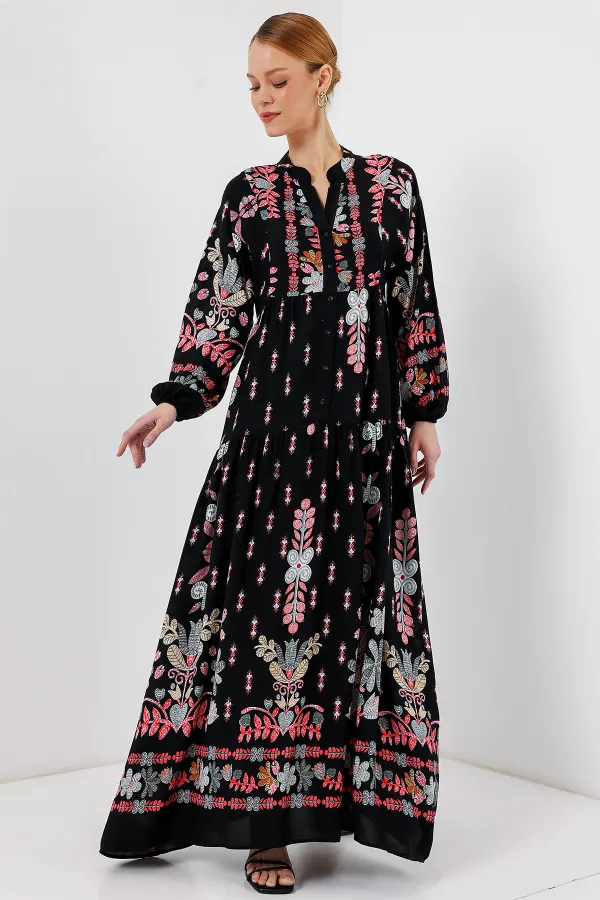 2423 Authentic Patterned Hijab Dress - Black - Terracotta
