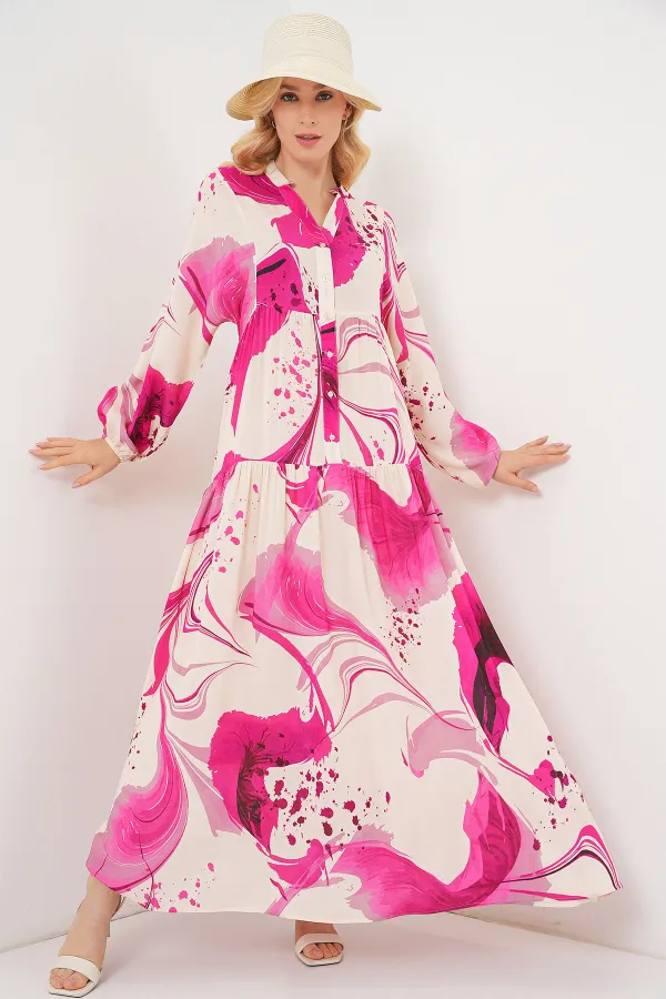 Kadın Desenli Uzun Tesettür Elbise 2585 - Fuşya