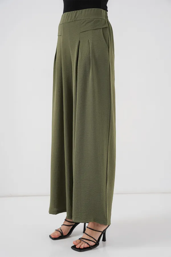 Kadın Geniş Paça Pileli Pantolon 6718 - Haki