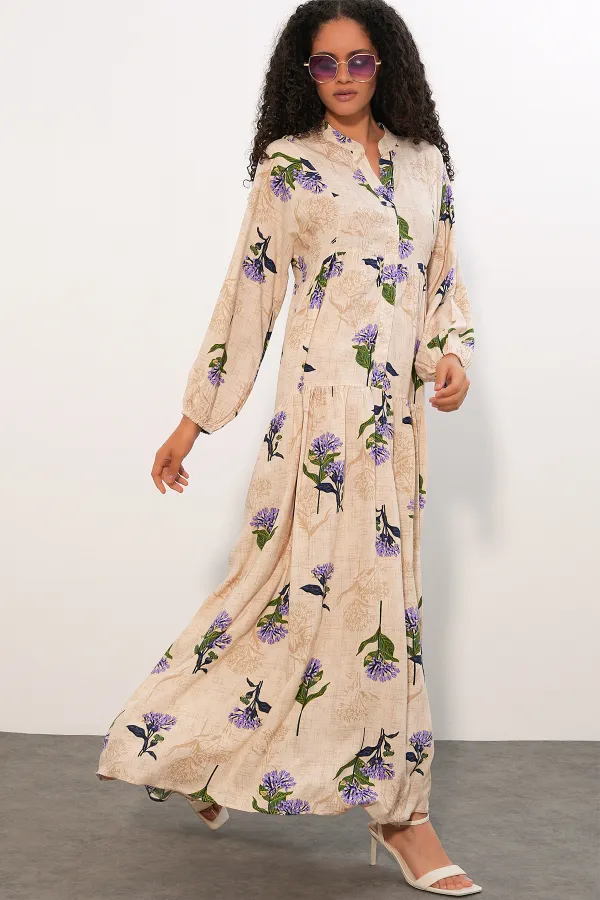 Women's Patterned Long Hijab Dress 2585 - Light Lilac Women's Patterned Long Hijab Dress 2585 - Light Lilac