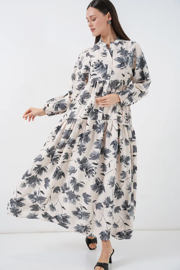 Kadın Lilyum Kumaş Uzun Tesettür Elbise 2593 - Gri