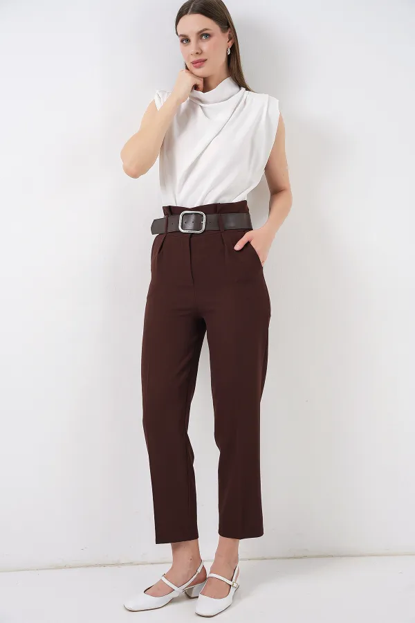 6556 Kemerli Kumaş Pantolon - Kahverengi