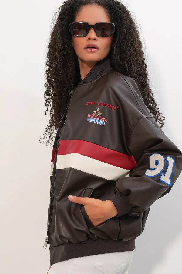 0698 Printed Faux Leather Bomber Jacket - Brown 0698 Printed Faux Leather Bomber Jacket - Brown