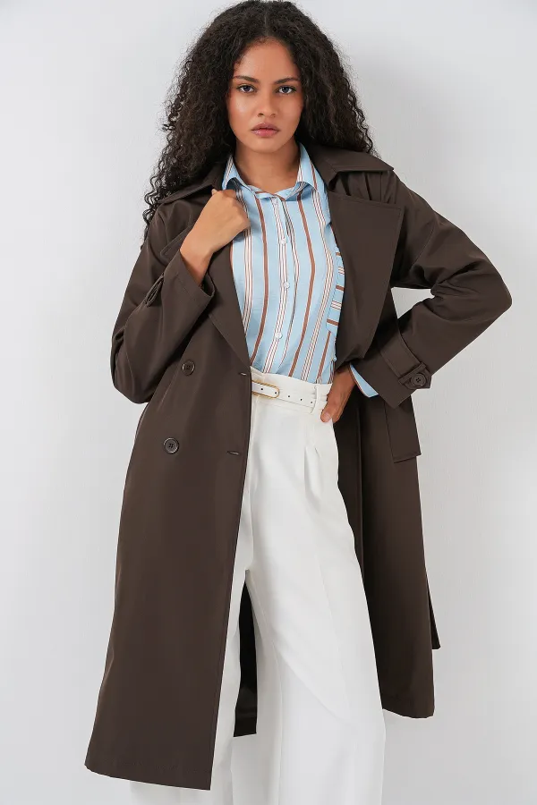 5918 Kruvaze Yaka Trençkot - C. Kahverengi