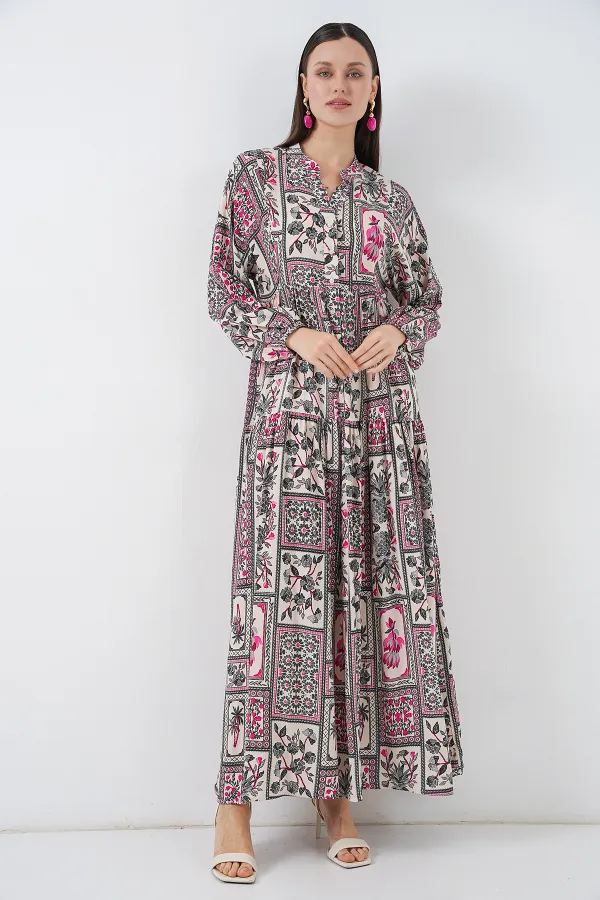 Robe longue hijab à motifs pour femme 2585 - B. Fuchsia