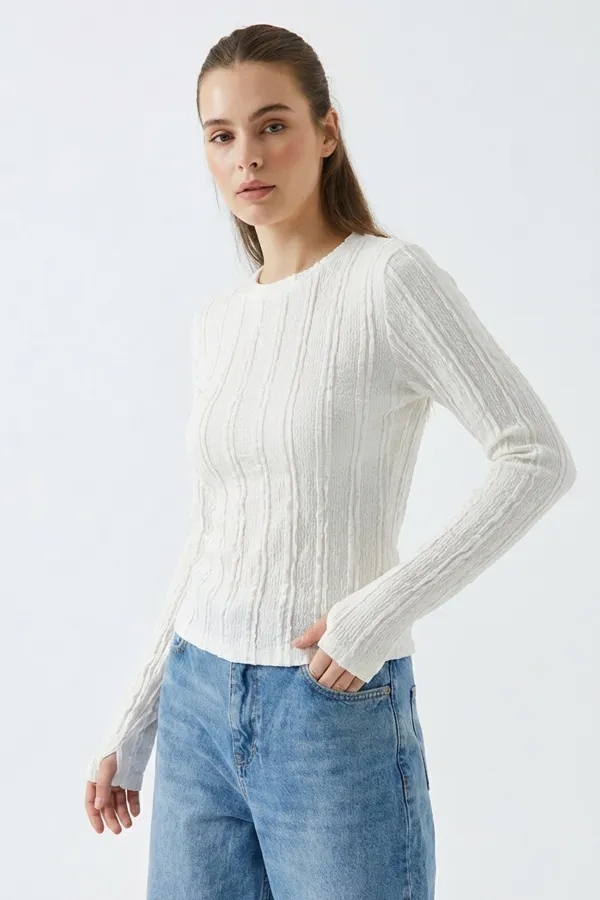 Kadın Dokulu Örme Bluz 980 - Beyaz