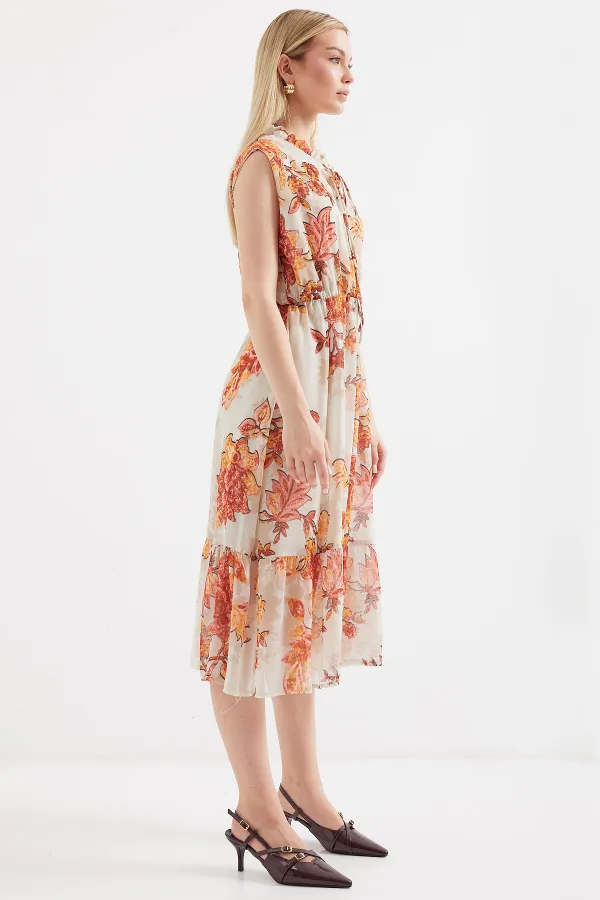 2503 Patterned Zero Sleeve Chiffon Dress - Brick