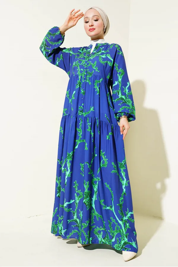 Robe hijab à motifs authentiques 2423 - Bleu marine