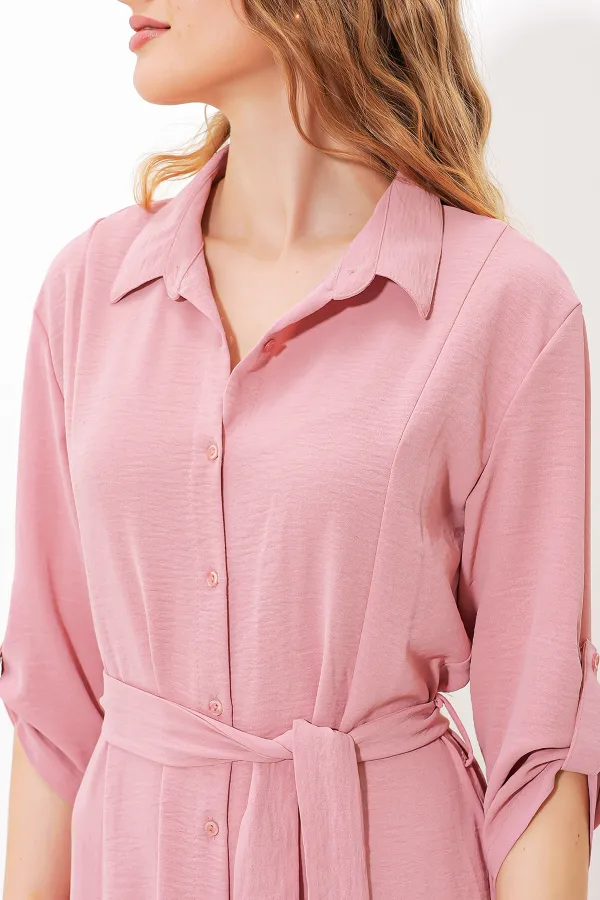 Robe-chemise ceinturée couleur poudre pour femme 2442