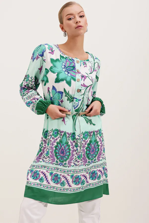 Robe à motifs ceinturée 5902 - Verte