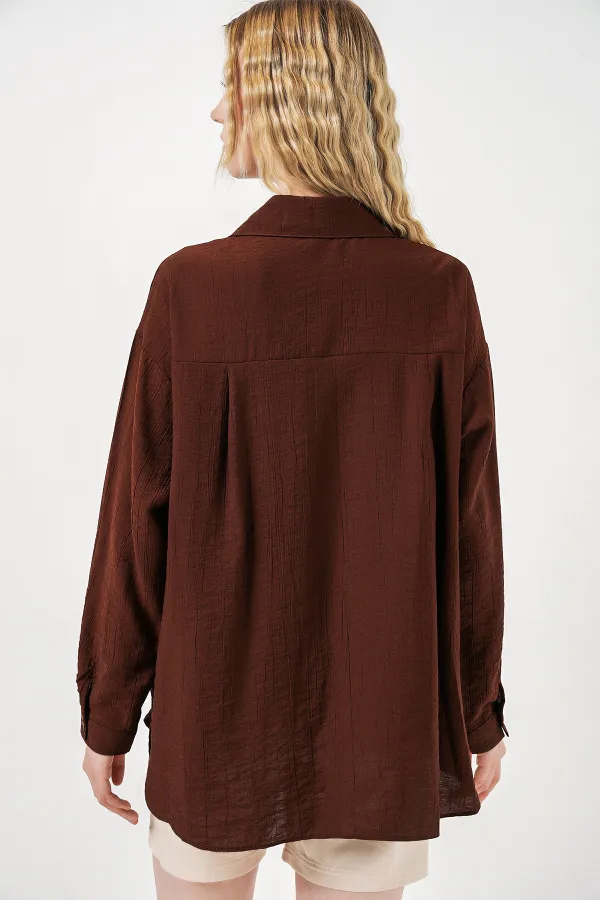 Kadın Uzun Oversize Gömlek 20334 - Kahverengi Kadın Uzun Oversize Gömlek 20334 - Kahverengi