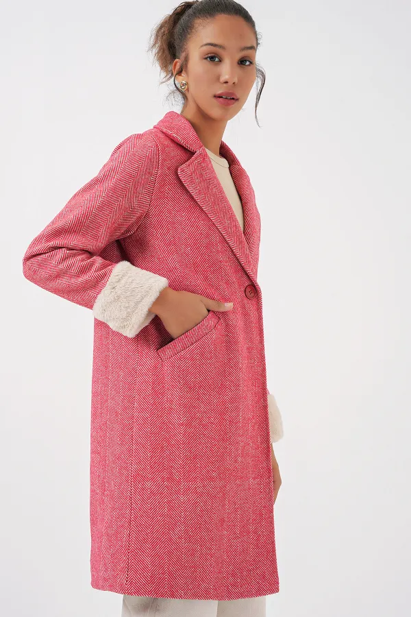 9145 Women's Herringbone Cashmere Coat with Feathered Sleeves - Red