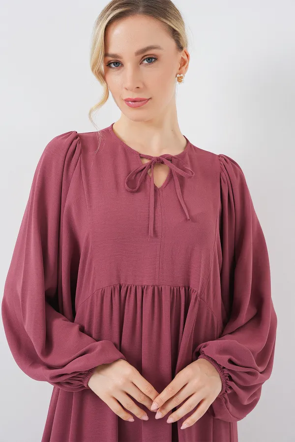 Kadın Balon Kol Uzun Tesettür Elbise 2464 - D.Gül Kurusu