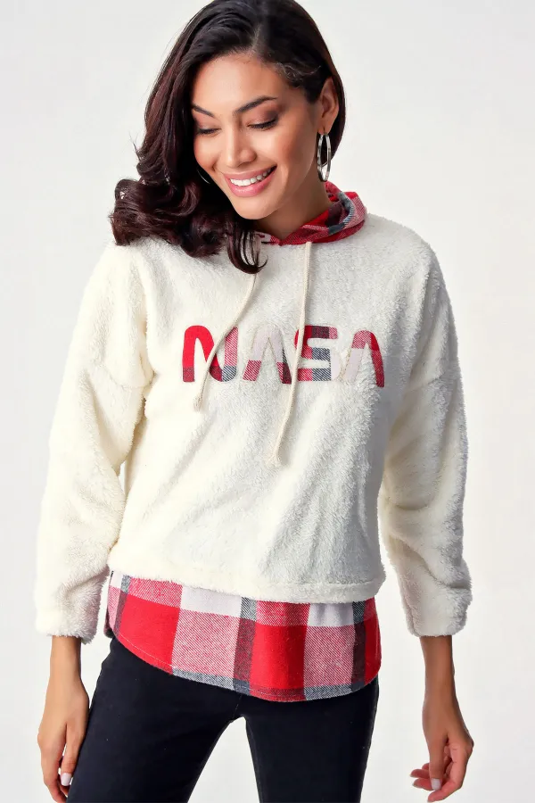 4248 Ekose Desen Peluş Sweat - Beyaz
