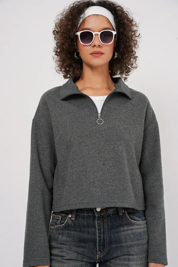 55449 Zippered Collar Knitted Sweatshirt - Anthracite