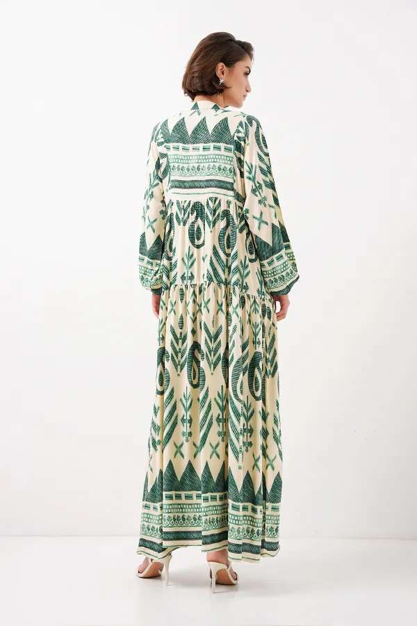 2423 Authentic Patterned Hijab Dress - Light Green