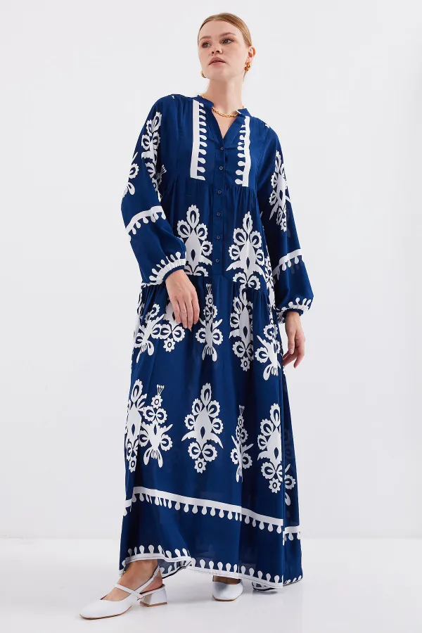 Robe hijab à motifs authentiques 2423 - Bleu marine clair