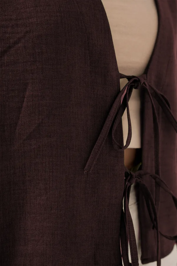 Önü Bağlamalı Keten Kimono 960 - Kahverengi