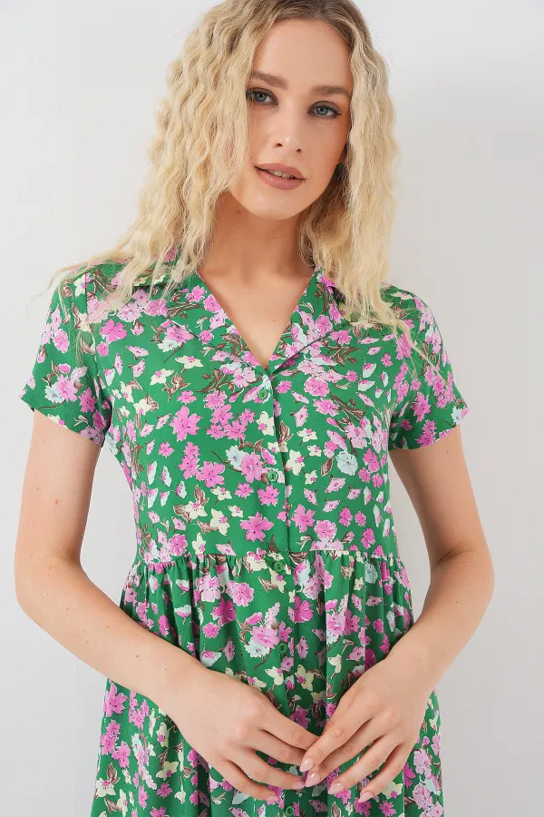 Women's Buttoned-Down Short Sleeve Floral Dress 2561 - Green