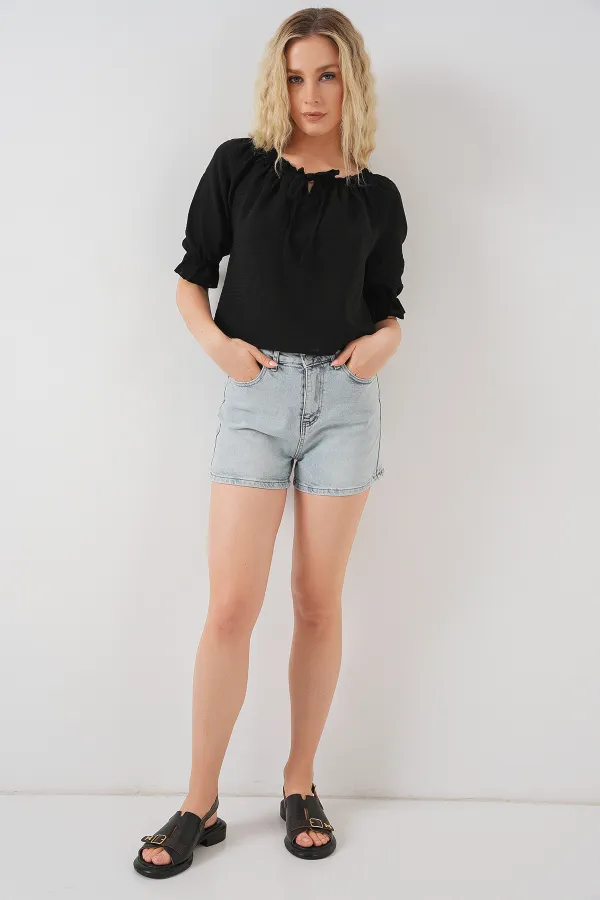 Chemisier à col à volants pour femme 959 - Noir