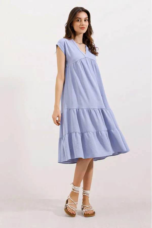 Robe à volants et col en V 2398 - Bleue