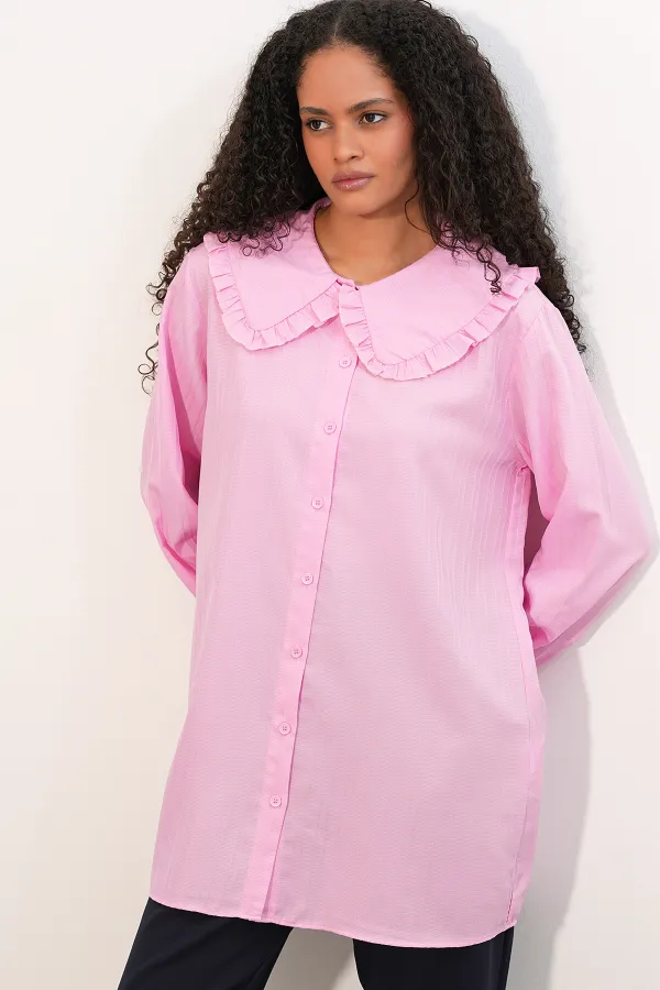 Women's Wide Collar Ruffle Detail Striped Tunic Shirt 5993 - Pink