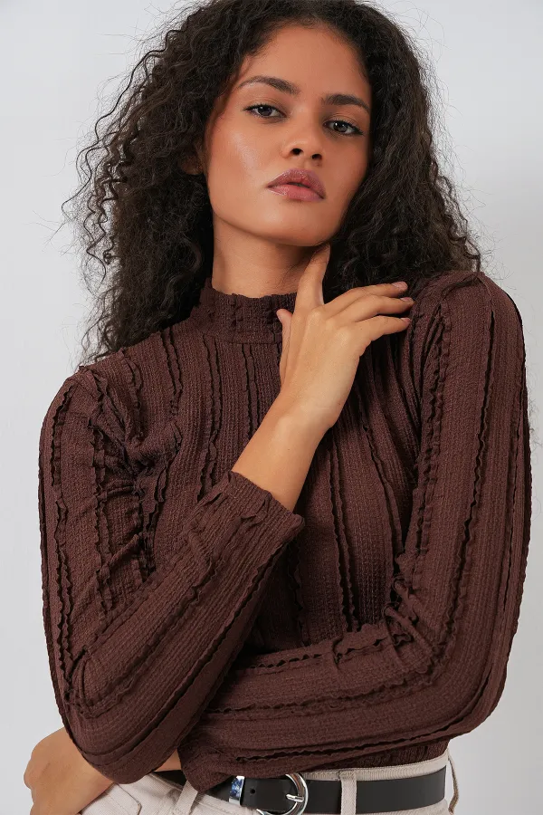 Kadın Dokulu Esnek Örme Bluz 975 - Kahverengi