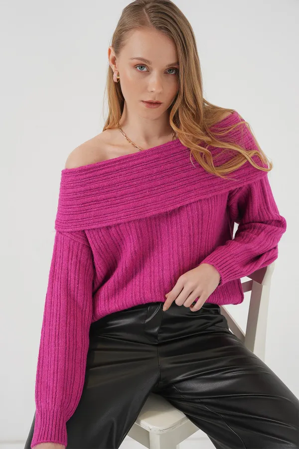Pull oversize en maille à épaules dénudées pour femme - Rose foncé 15908