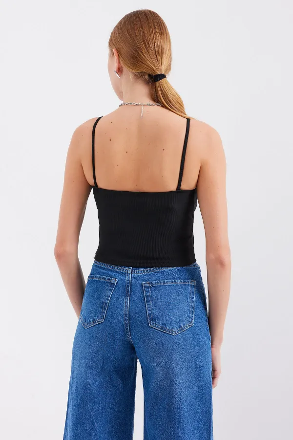 918 İp Askılı Crop Top - Siyah