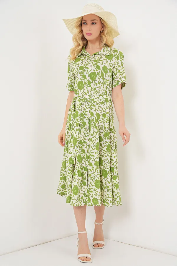 Kadın Kısa Kol Desenli Elbise 2560 - E.Yeşil