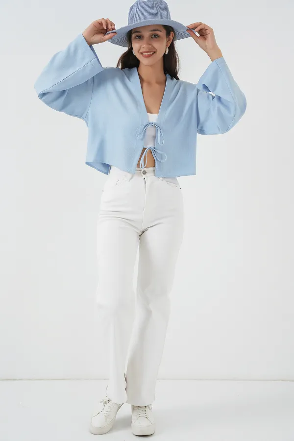 Kimono en lin noué sur le devant 960 - Bleu