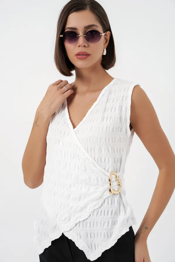 Kadın Sıfır Kol Örme Bluz 988 - Beyaz