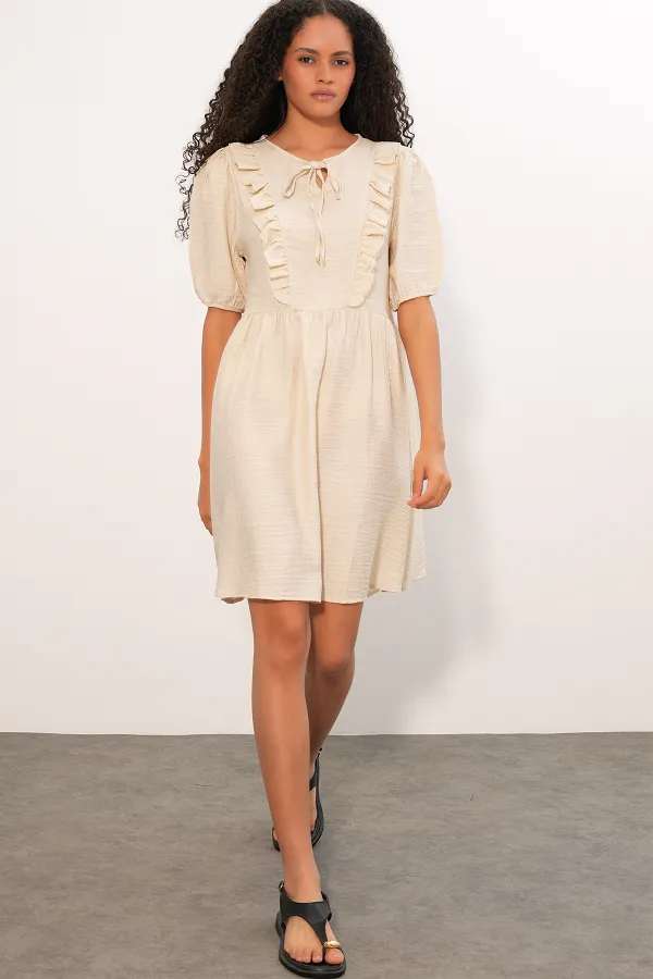 Women's Tie-Neck Short-Sleeve Ruched Dress 2600 - Cream