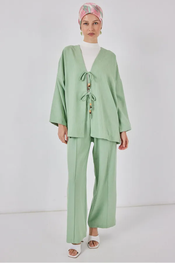 Kadın Keten Kimono İkili Takım 6727 - E.Yeşil
