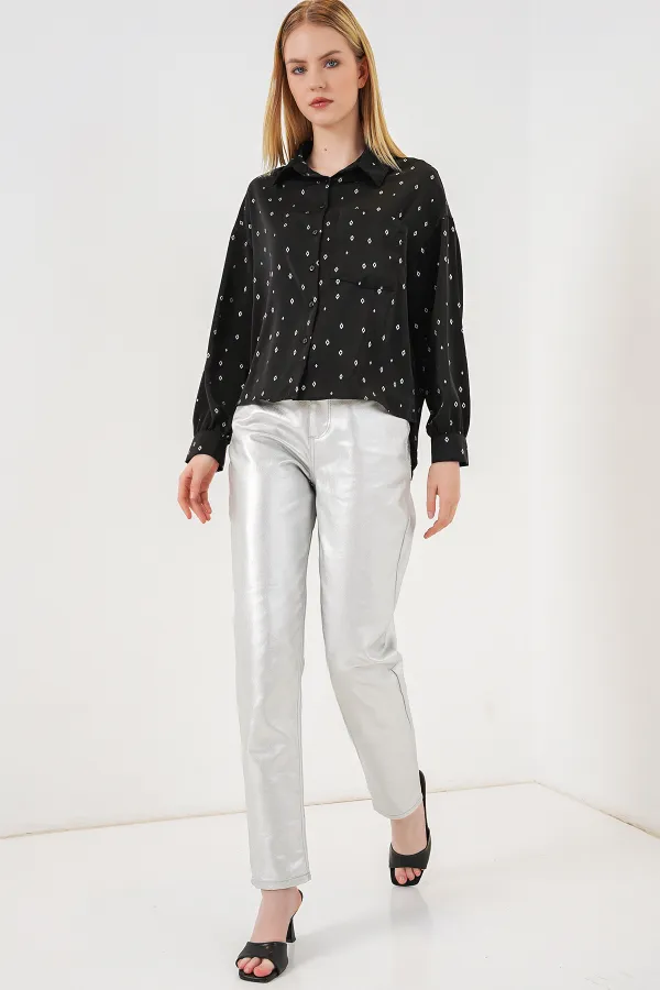 Women's Patterned Oversize Shirt 20361 - Black - Silver Women's Patterned Oversize Shirt 20361 - Black - Silver