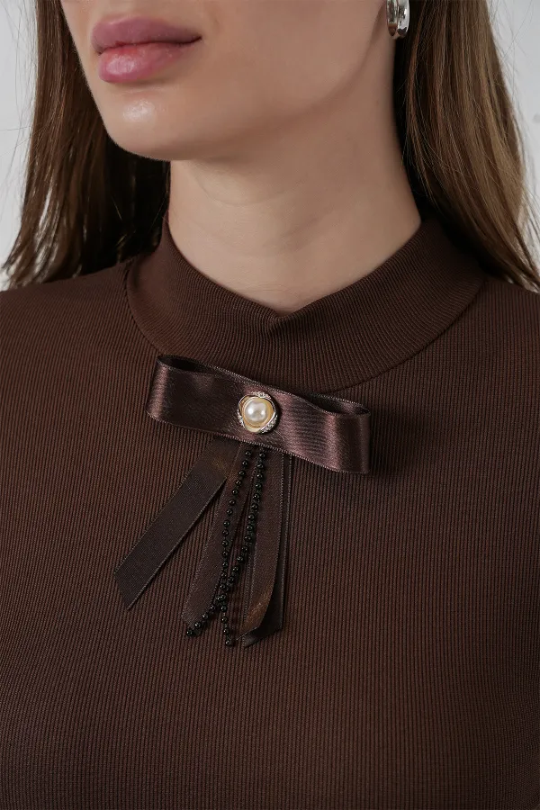 Women's Ribbon Detail Long Sleeve Blouse 977 - Brown