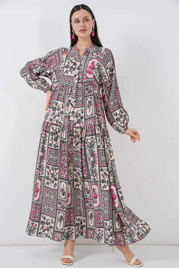 Robe longue hijab à motifs pour femme 2585 - B. Fuchsia