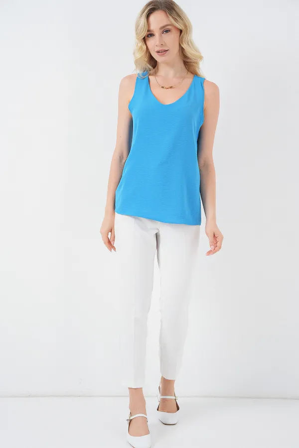 V Yaka Sıfır Kol Bluz 950 - B.Mavi