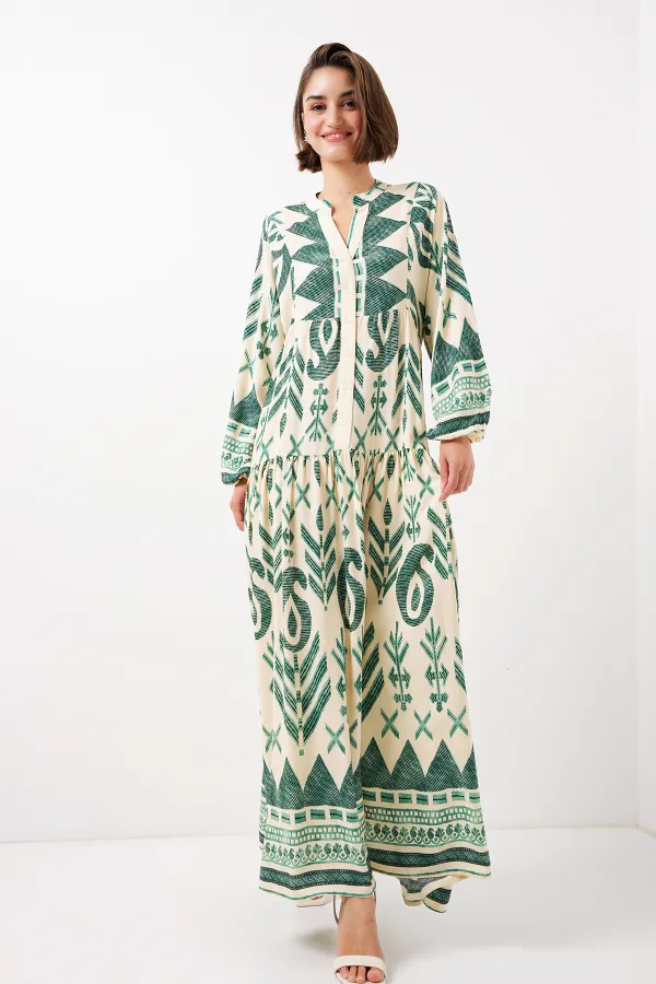 2423 Authentic Patterned Hijab Dress - Light Green