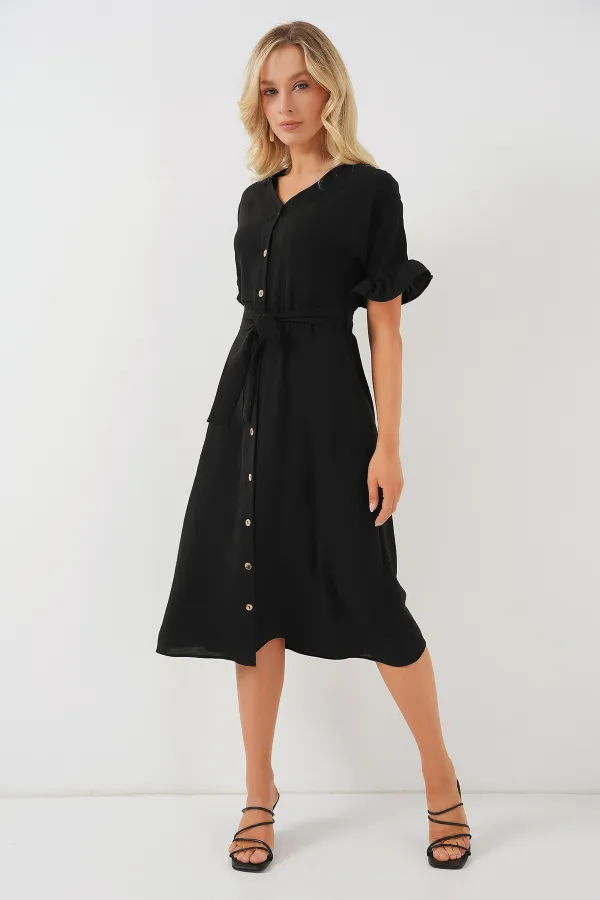 Women's Short Sleeve Buttoned Dress 2555 - Black